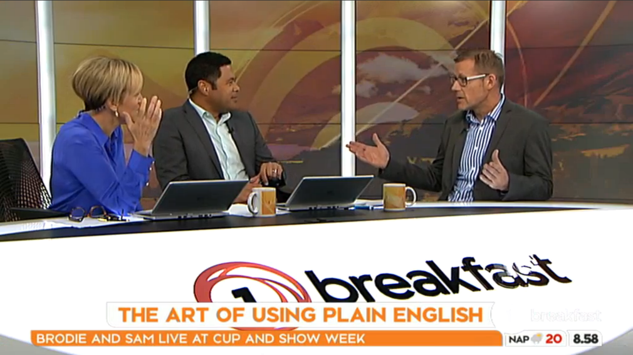 Still image of Simon Hertnon discussing the 2016 Plain English Awards results with Hilary Barry and Daniel Faitaua on Breakfast (8 November 2016).